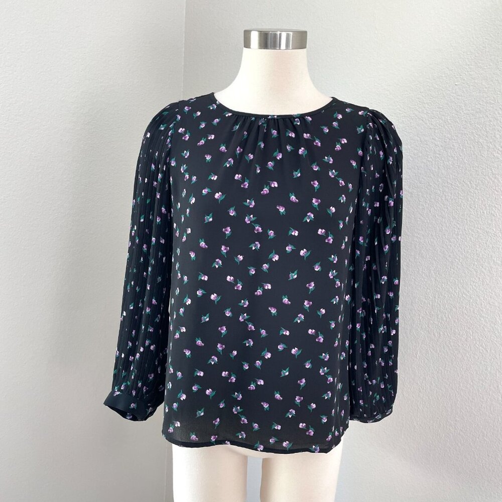 J Crew Womens Petite Small Floral‎ Blouse Pleated Long Sleeve Shirt Top